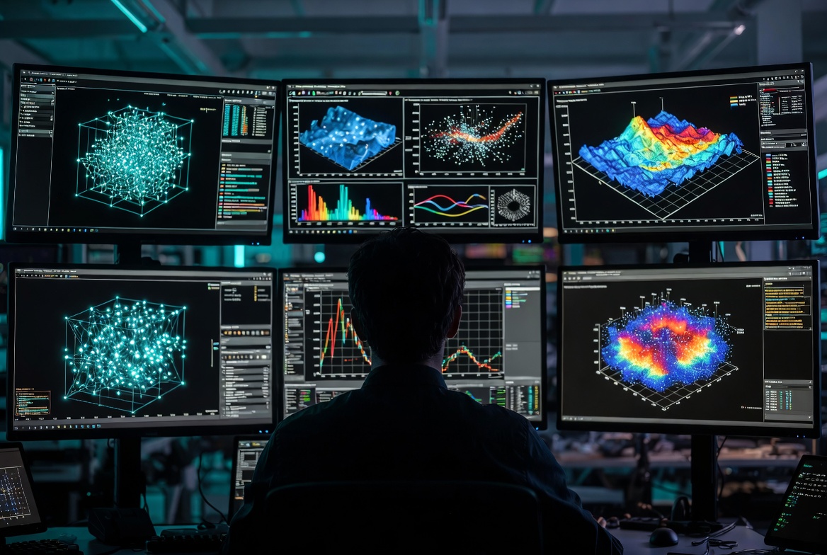 Engineer working in front of a series of monitors mostly focused on advancedmaterial modeling data.