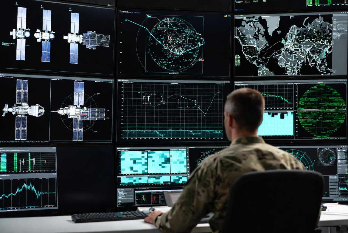 Soldier working in front of a series of monitors mostly focused on satellite telemetry data.