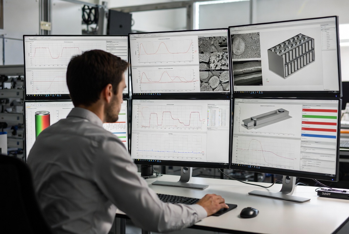 Battery cell modelling data on a monitor.