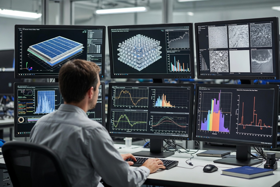 Solar cell modelling data on a monitor.